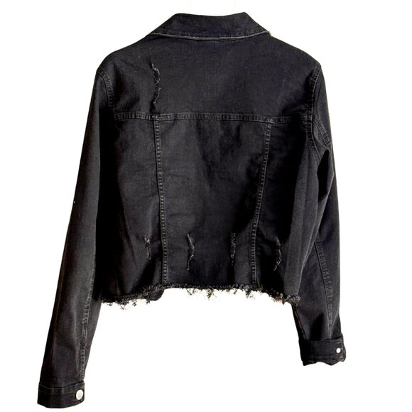 VIP Jeans Black Cropped Denim Jacket | Distressed Hem | Casual SZ: XL - Picture 2 of 4